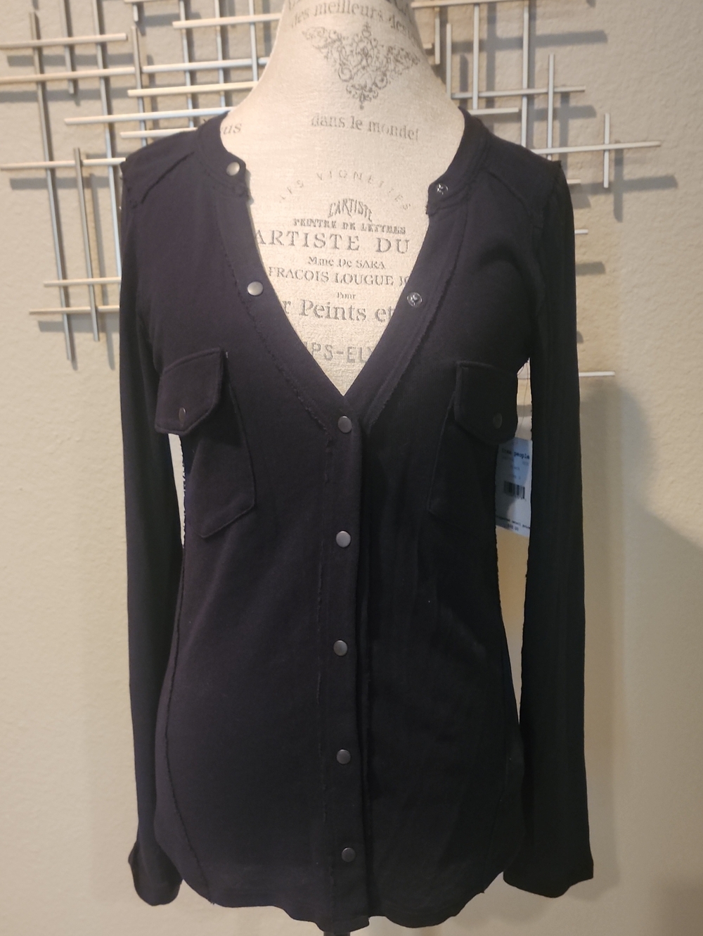 NWT Free People Black Low V Neck Henley Snap Buttons Size S
